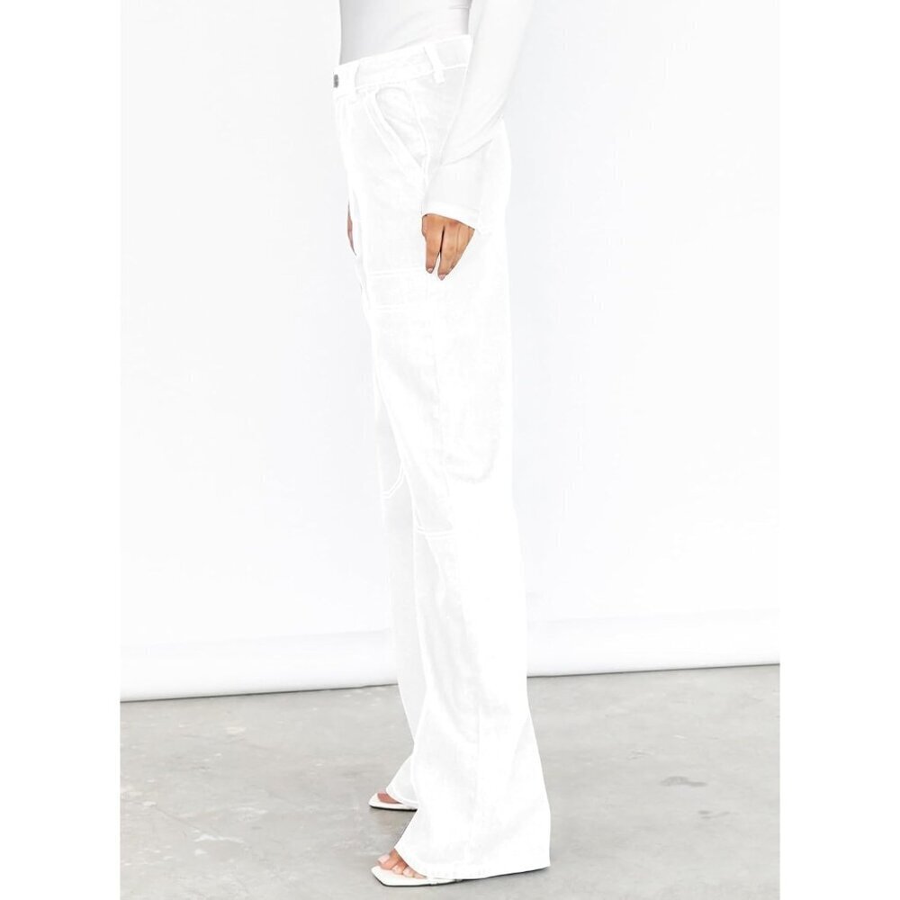 Women's White Casual Mid Waist Stretch Button Wide Leg Denim Cargo Pants - Picture 3 of 6